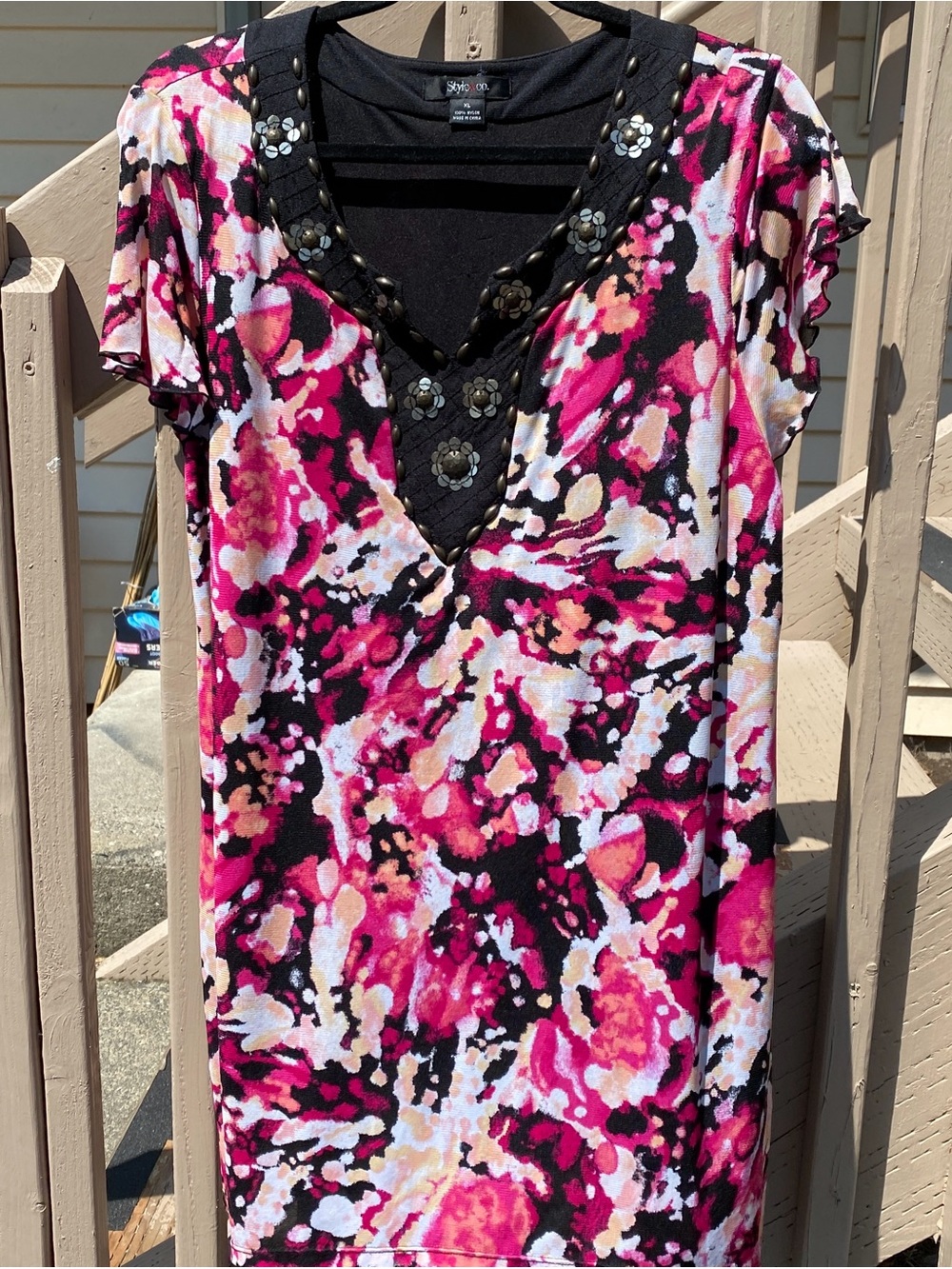 Style & Co XL Floral Embroidered V-Neck Tunic Flutter Sleeve Top